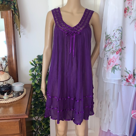 Purple Gauze sleeveless boho tunic mini dress babydoll top L - Picture 6 of 13